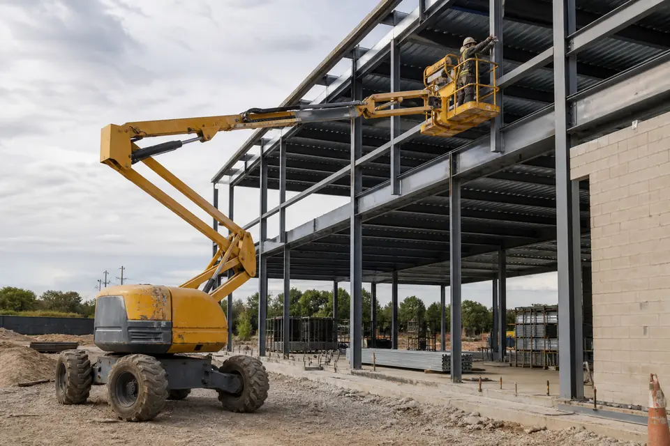 Yellow articulated boom lift raising a guarded work platform beside a steel-frame building