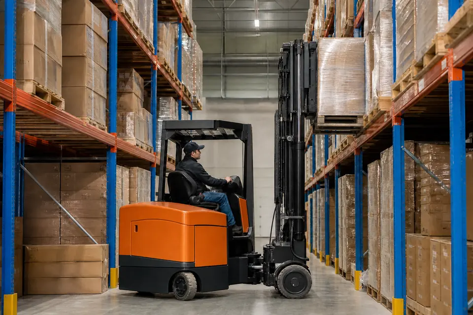 Orange articulated forklift in very narrow aisle