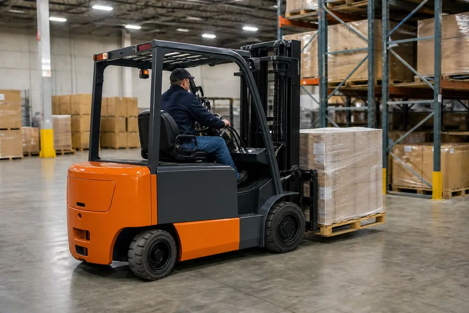 Orange electric counterbalance forklift handling a pallet