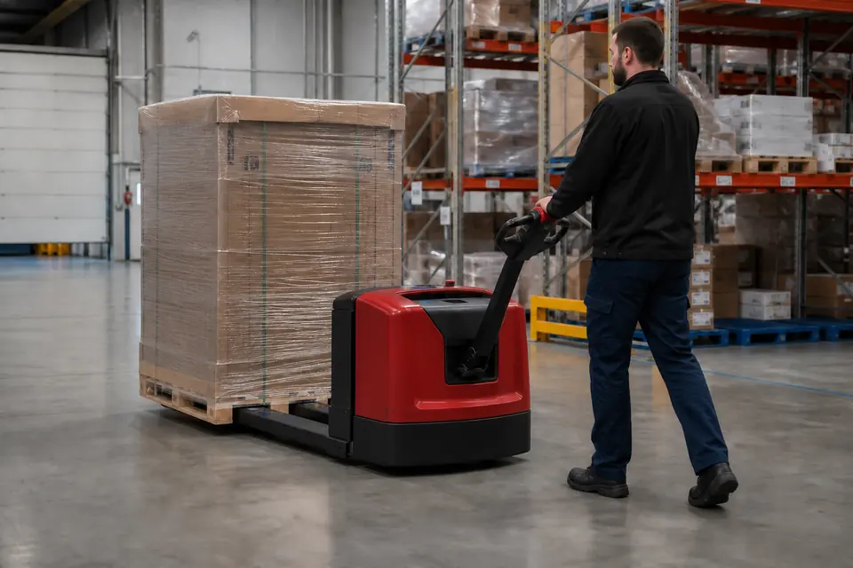 Red powered walk-behind pallet jack