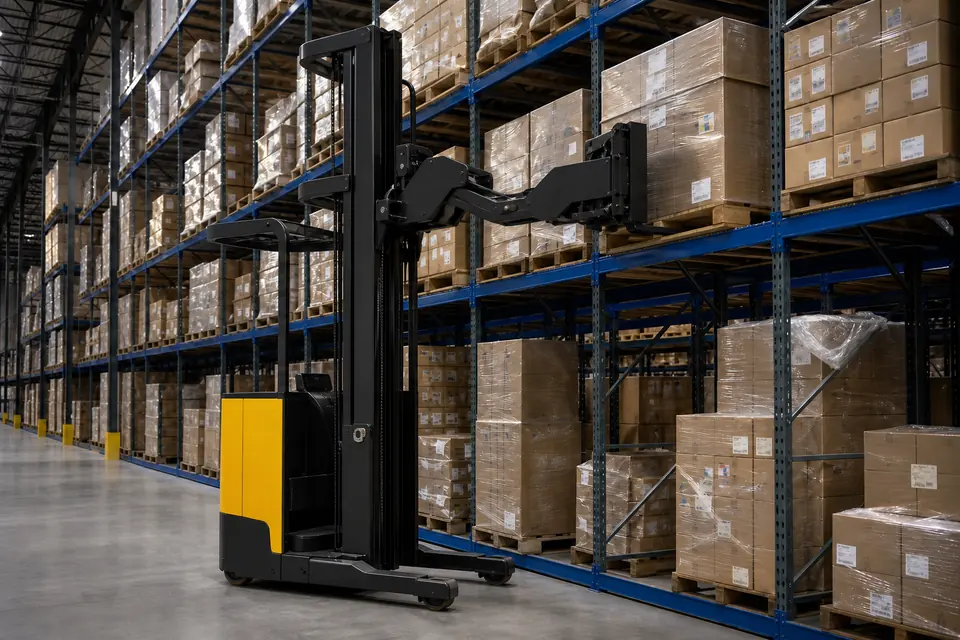 Yellow stand-up reach truck in warehouse rack
