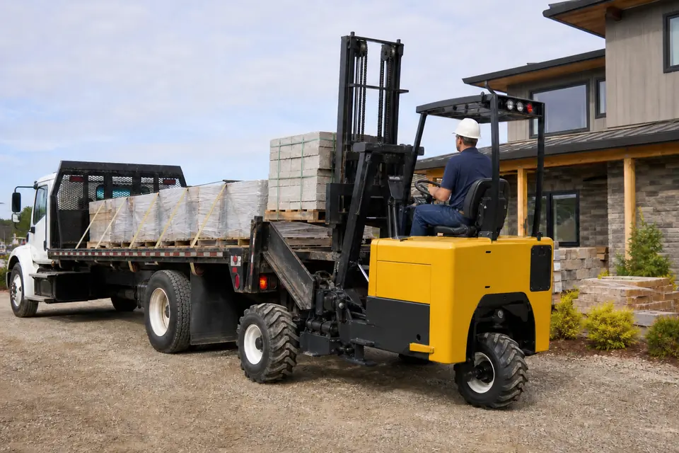 Yellow truck-mounted forklift beside a flatbed