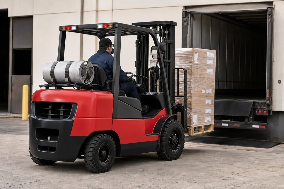 Red pneumatic propane forklift at a loading dock