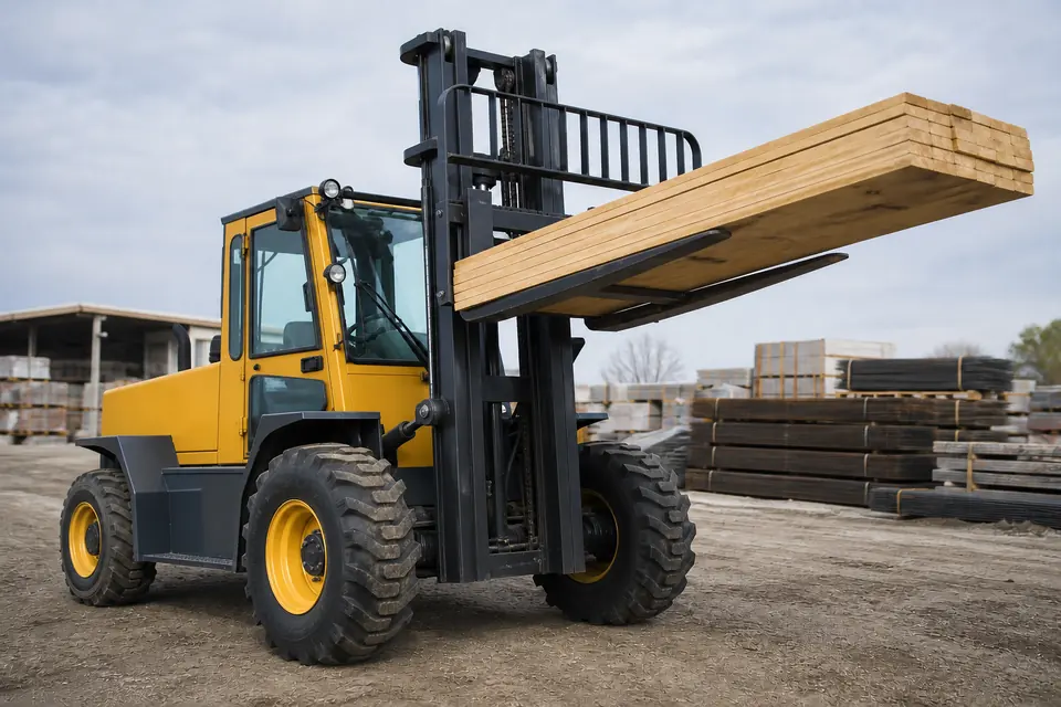 Yellow rough terrain vertical mast forklift outdoors