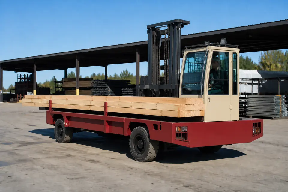 Red side loader carrying long lumber