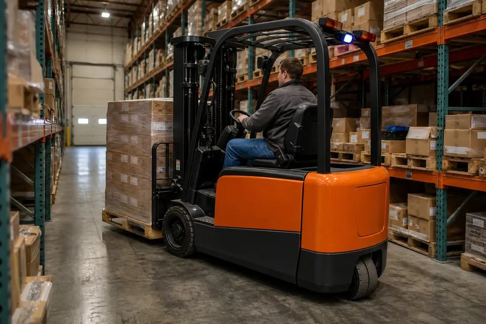 Orange three-wheel electric warehouse forklift