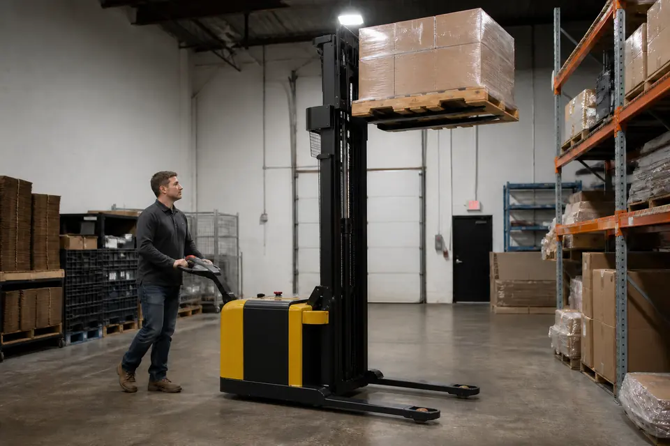 Yellow walkie stacker lifting a pallet
