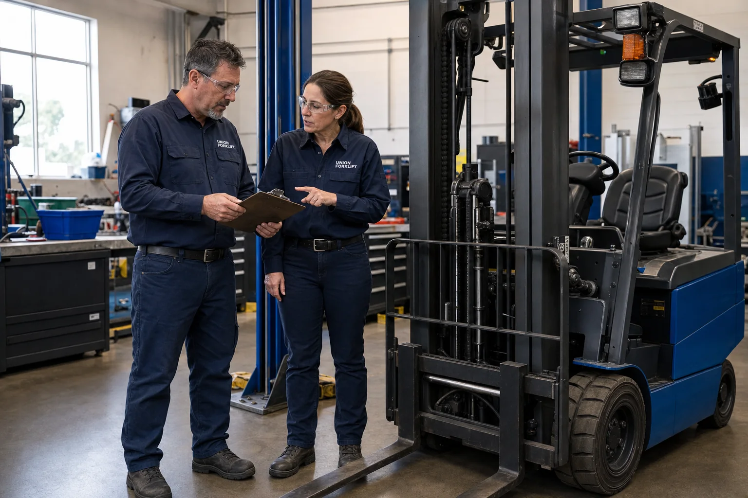 Union Forklift equipment specialists reviewing a forklift application