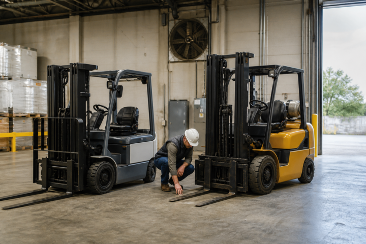 Electric and propane counterbalance forklifts compared in a working warehouse