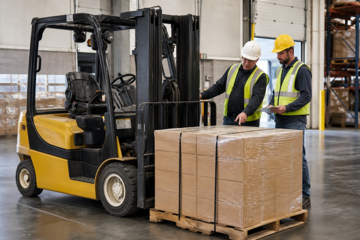 Warehouse team evaluating load dimensions and forklift capacity