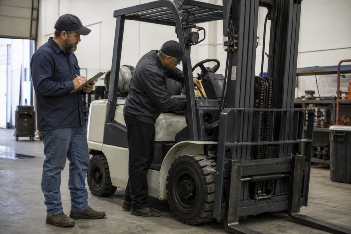 Equipment specialists inspecting a counterbalance forklift before purchase