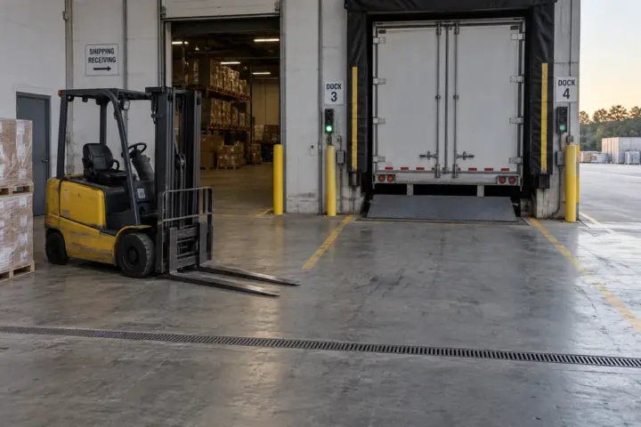 A forklift parked beside a warehouse trailer-loading dock