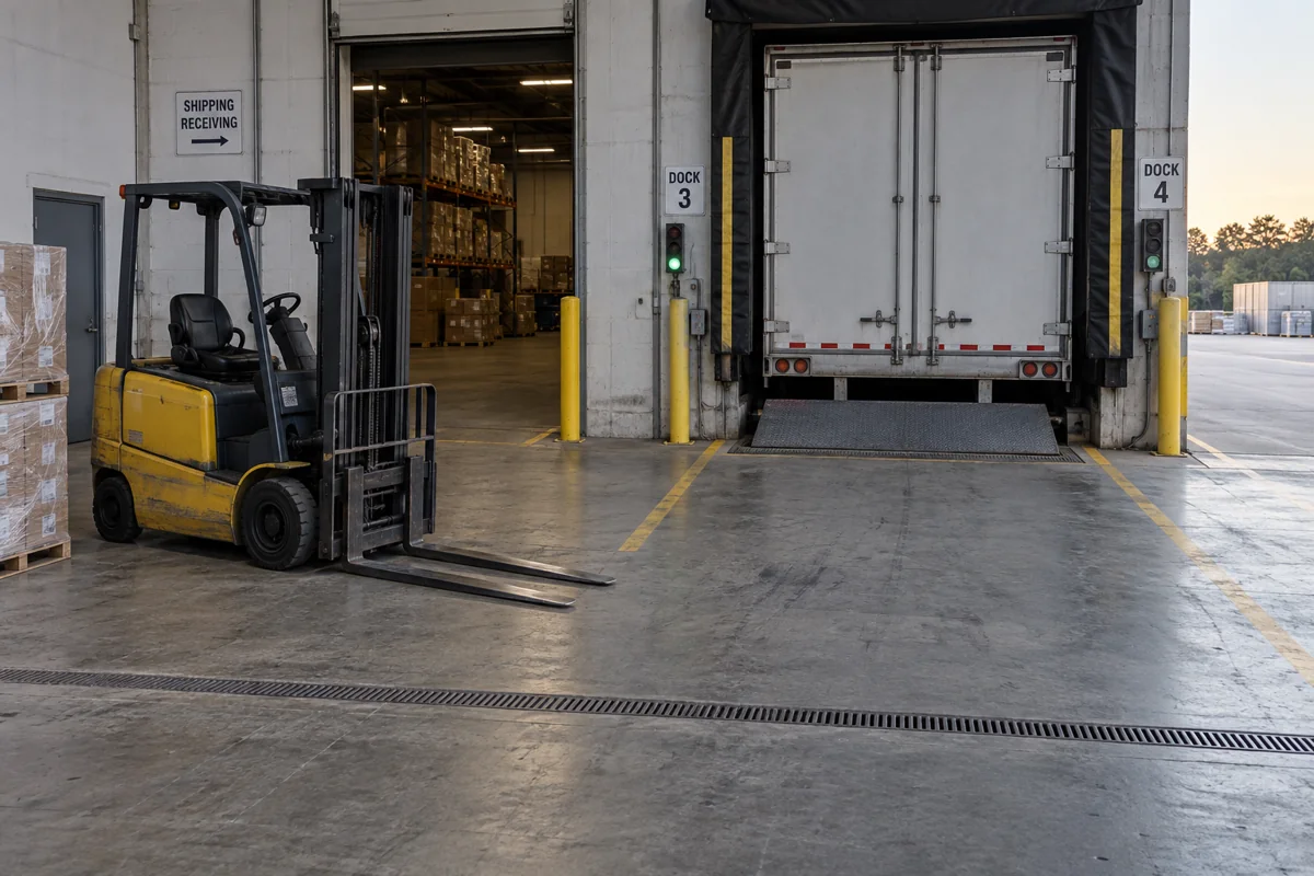 A forklift parked beside a warehouse trailer-loading dock