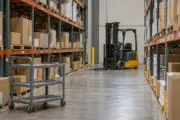 A parked counterbalance forklift and picking cart in a warehouse aisle