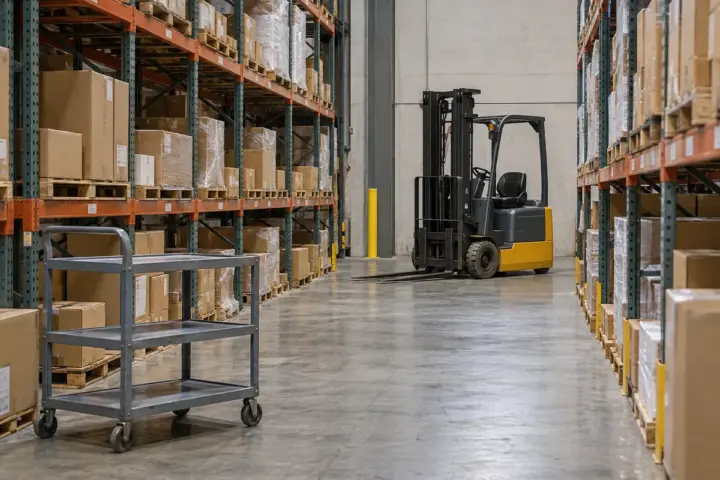 A parked counterbalance forklift and picking cart in a warehouse aisle