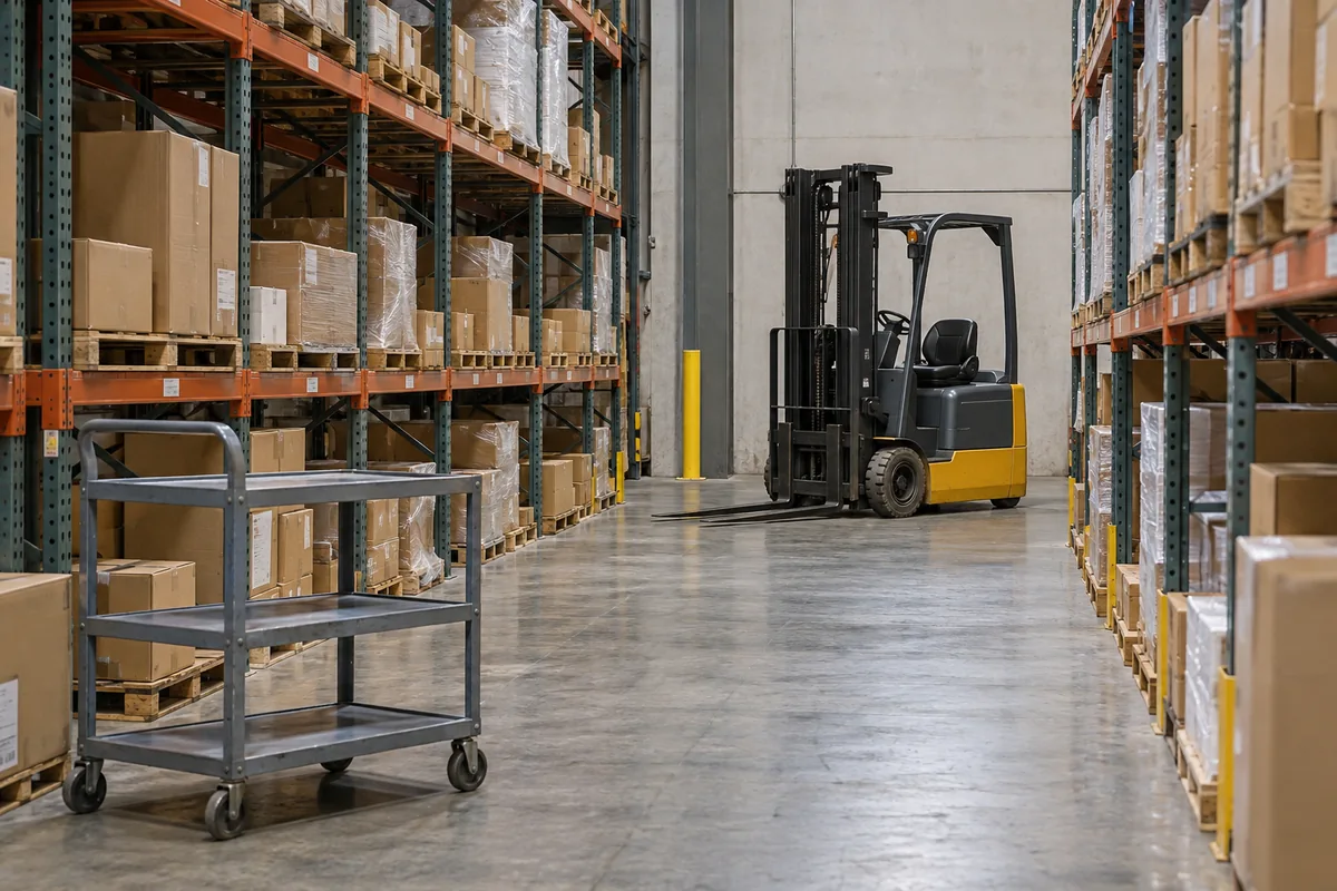 A parked counterbalance forklift and picking cart in a warehouse aisle
