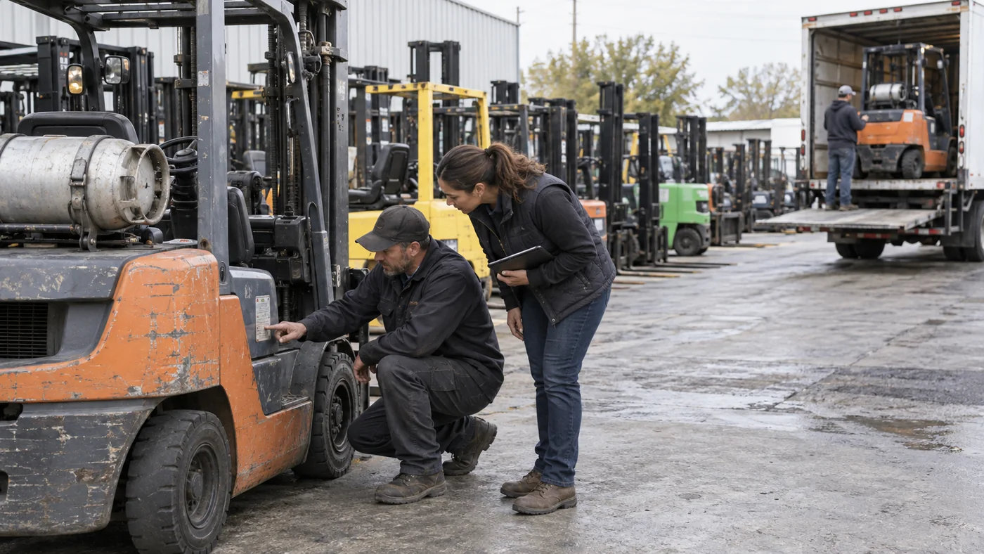 Business buyer and equipment technician inspecting a used forklift in a dealer yard